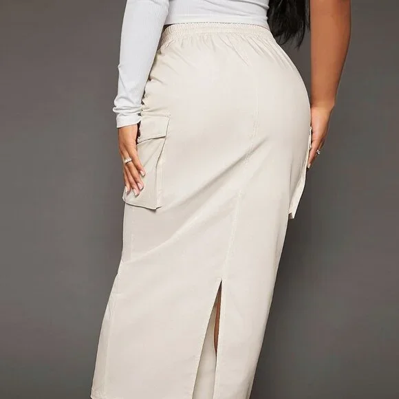 Beige Casual Womens Drawstring Waist Flap Pocket Side Cargo Skirt - Picture 4 of 5